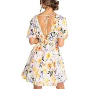 Lovestitch Emilia Puff Sleeve Pink Floral Mini Dress Boho Cottage V-Neck Sz M